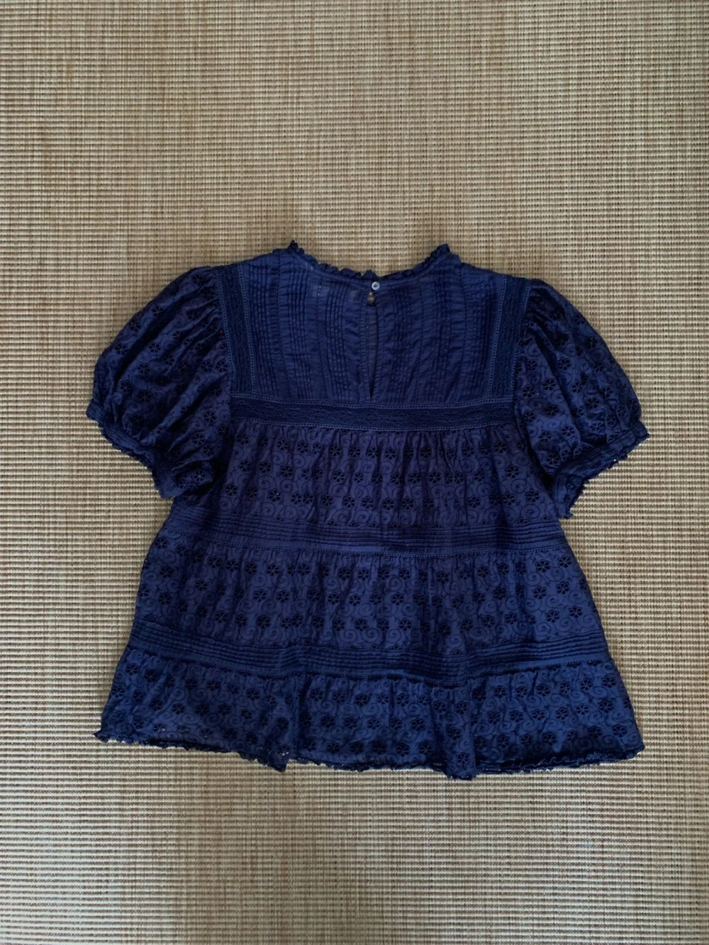 Doen Adeline Eyelet Cotton Short Puff Sleeve Babydoll Top Adriatic Navy Blue
